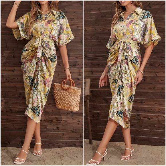 Boho Paisley Print Button up satin Dress - Picture 3 of 4